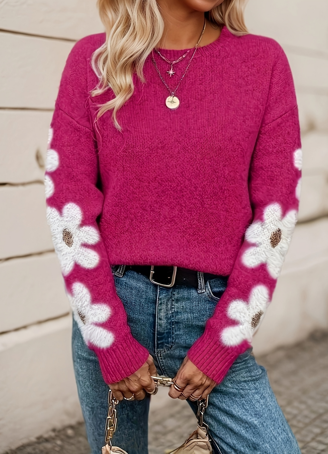 Floral oversized sweater in blue, gray, khaki, pink and green for women