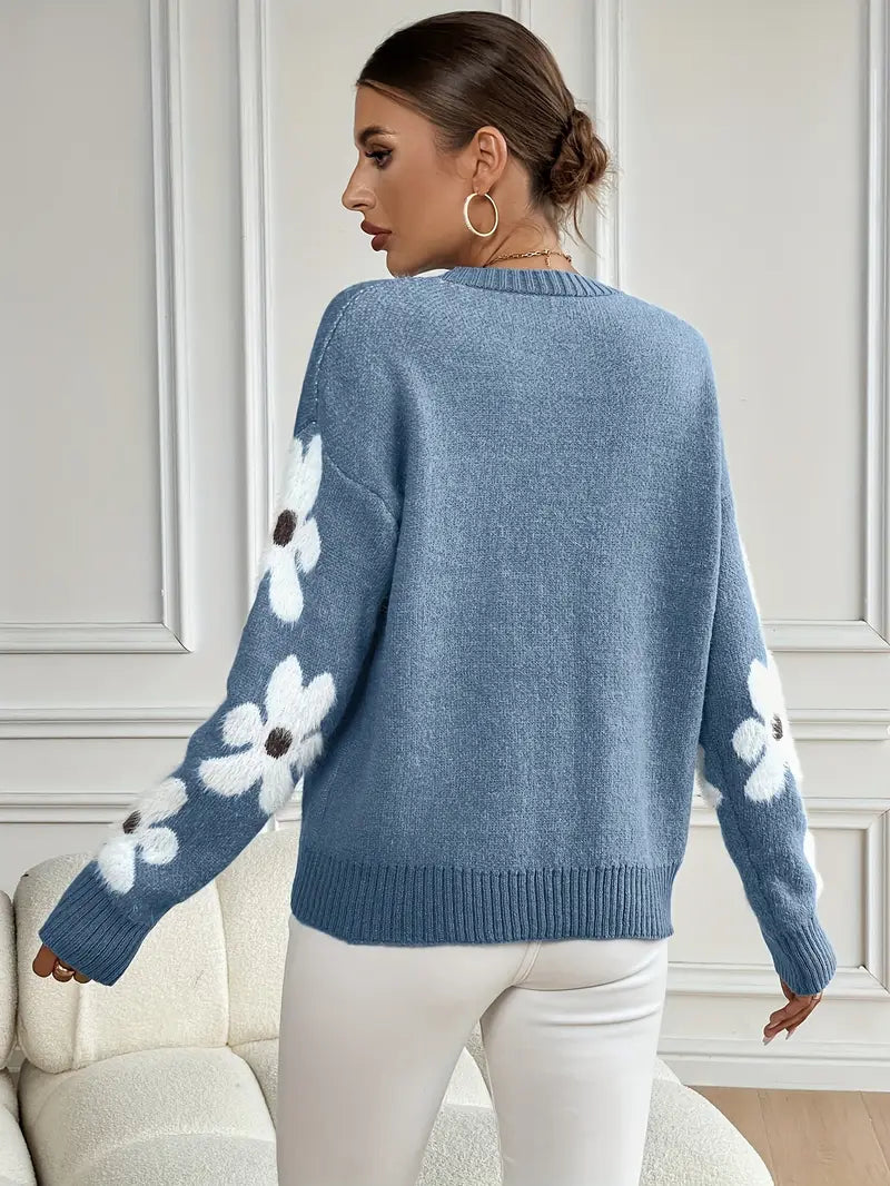 Floral oversized sweater in blue, gray, khaki, pink and green for women