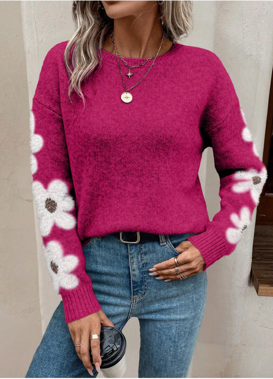 Floral oversized sweater in blue, gray, khaki, pink and green for women