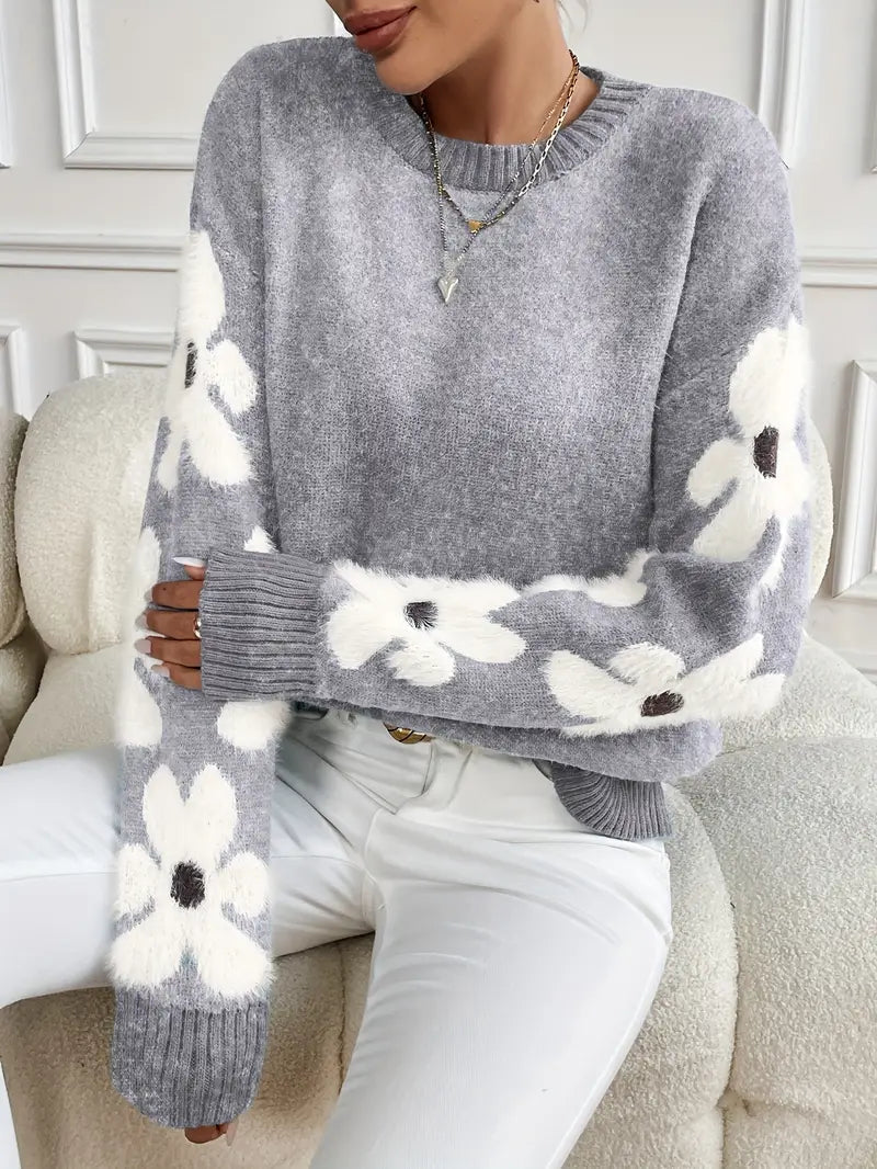 Floral oversized sweater in blue, gray, khaki, pink and green for women