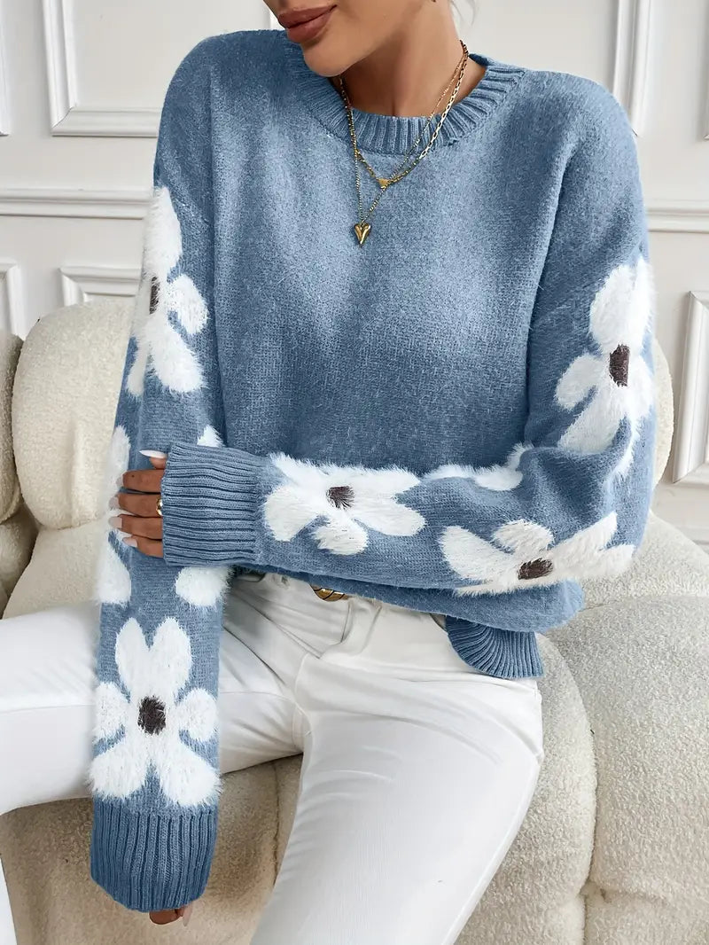 Floral oversized sweater in blue, gray, khaki, pink and green for women