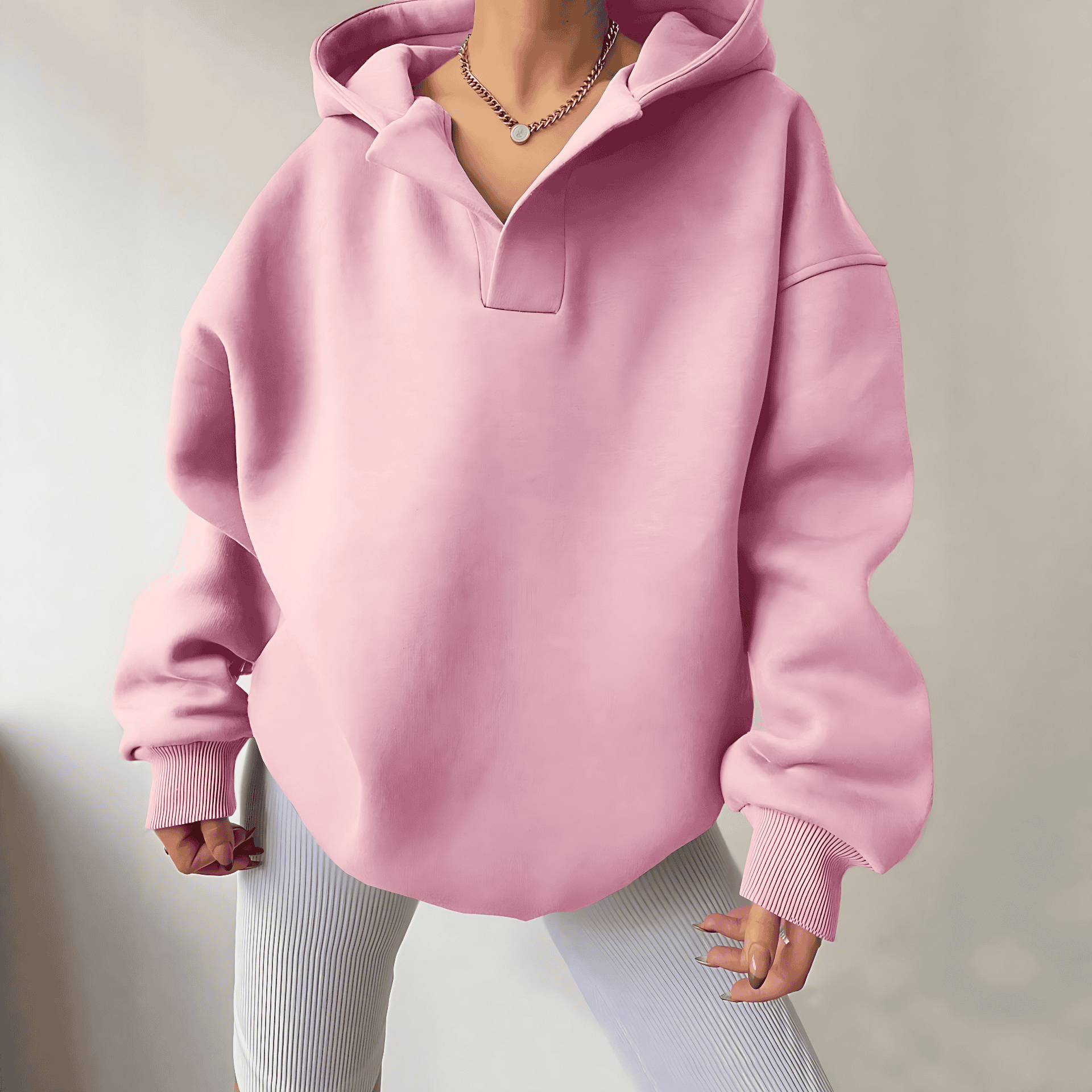 Oversized V-neck fleece hoodie for women