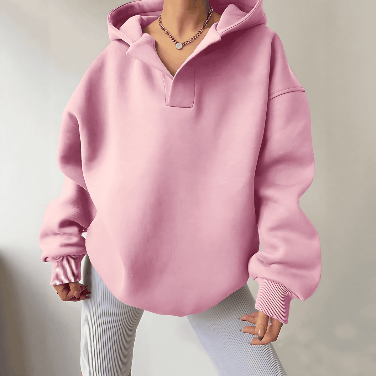 Oversized V-neck fleece hoodie for women