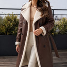 Double-breasted sherpa leather-look belted coat for women