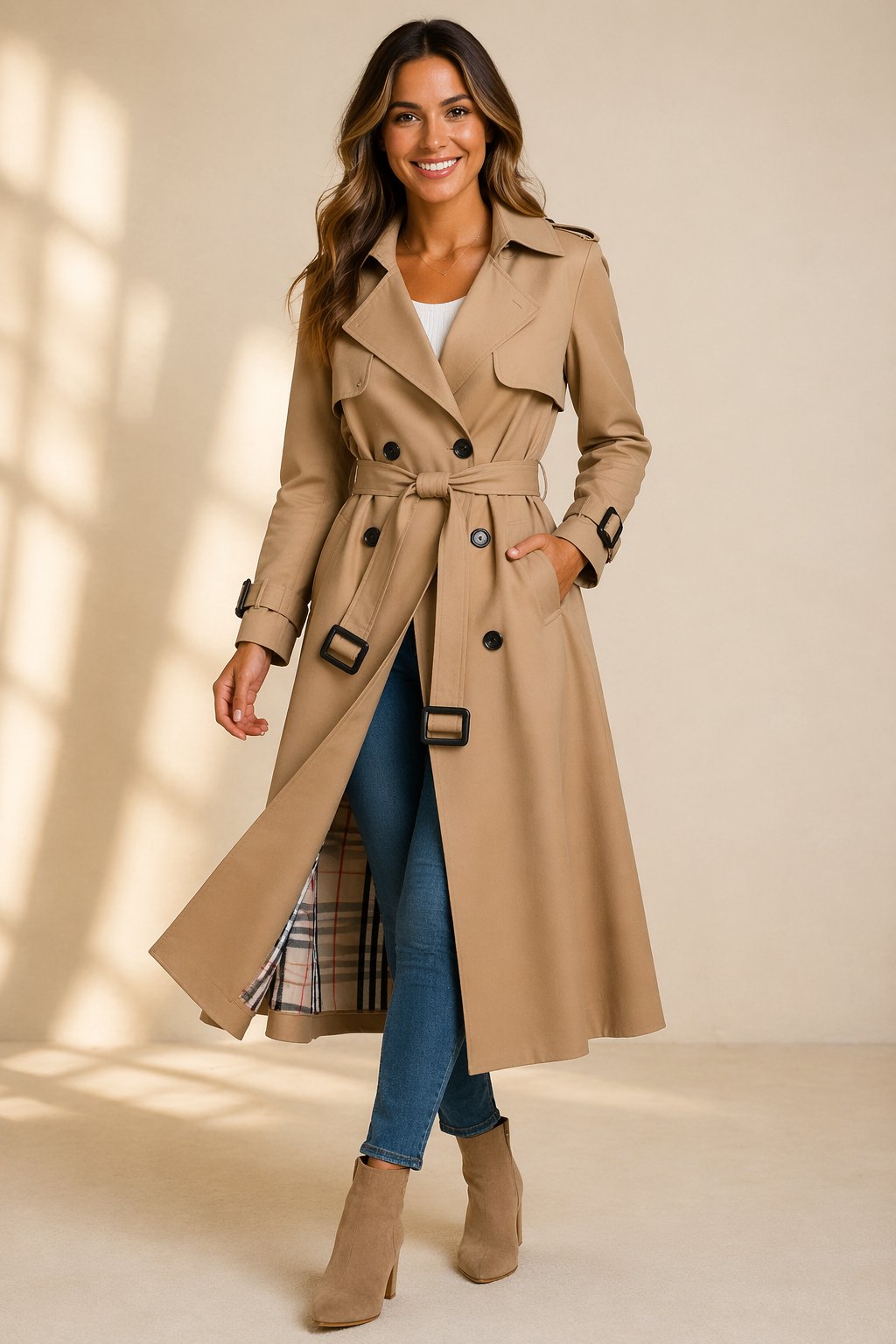 Check-lined long trench belted coat for women
