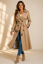 Check-lined long trench belted coat for women