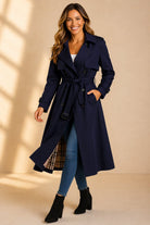Check-lined long trench belted coat for women