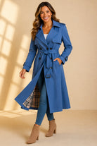 Check-lined long trench belted coat for women