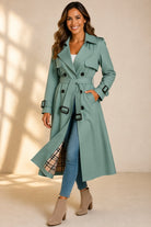 Check-lined long trench belted coat for women