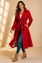 Check-lined long trench belted coat for women