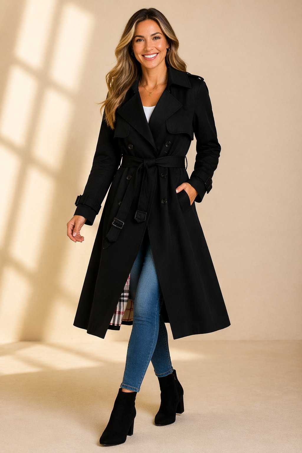 Check-lined long trench belted coat for women