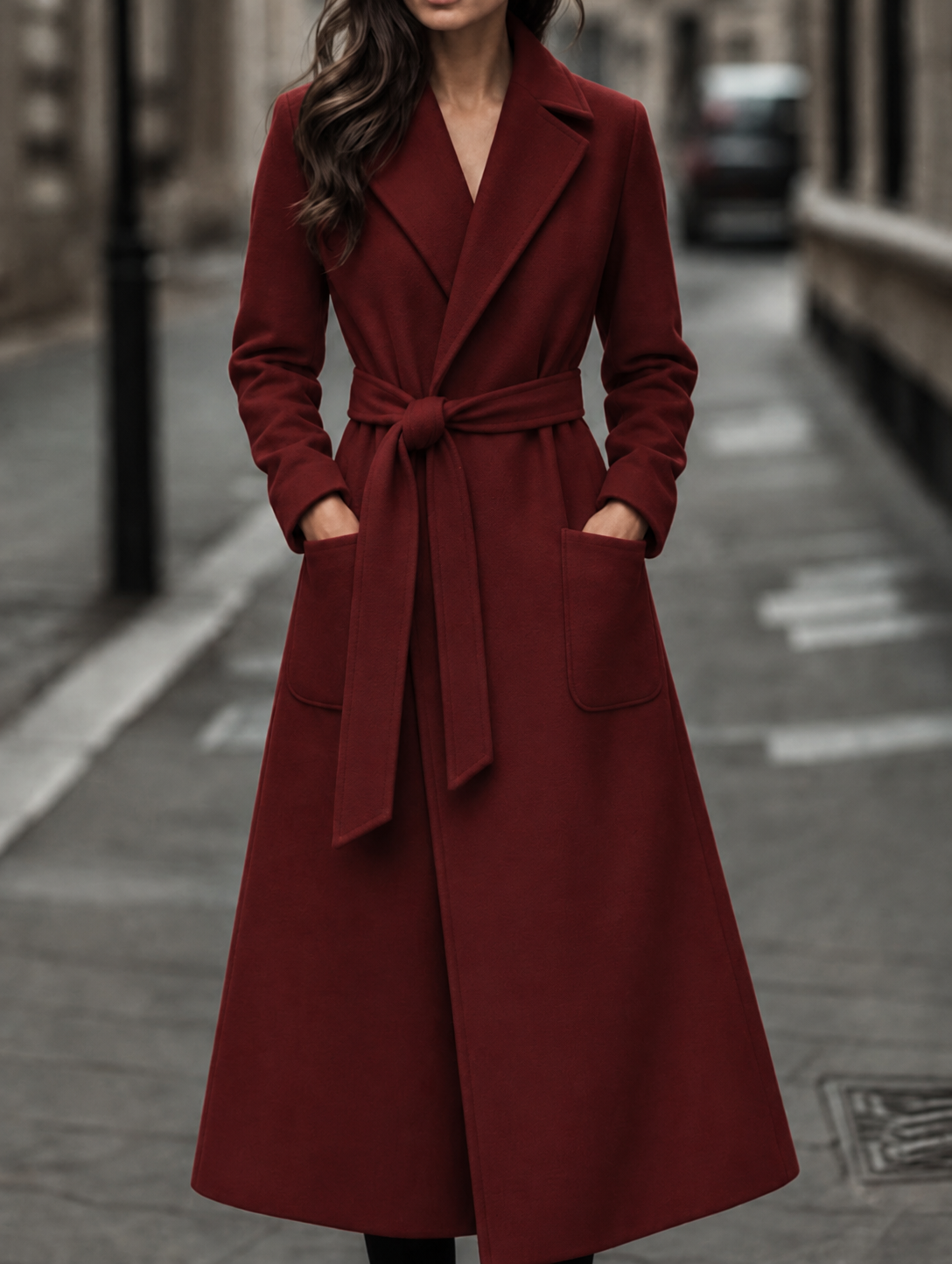 Patch pocket longline belted coat for women