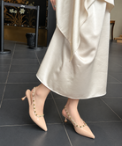 Studded patent kitten heel mules for women