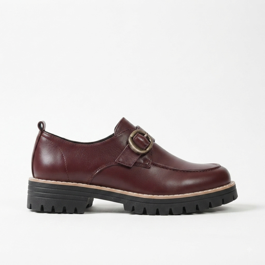 Burgundy buckle strap chunky loafers for women