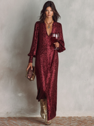 Loose sequin maxi dress with V-neck and balloon sleeves for women