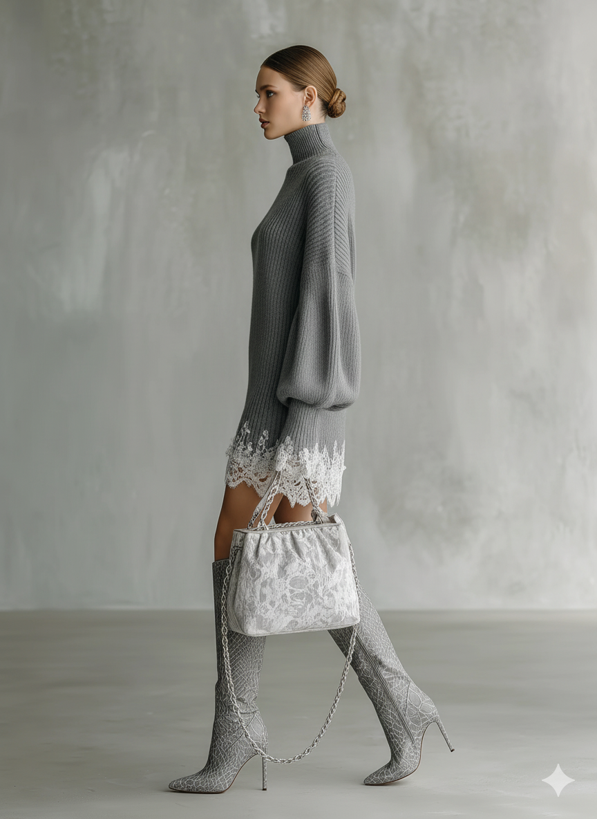 Turtleneck knit mini dress in grey or black for women