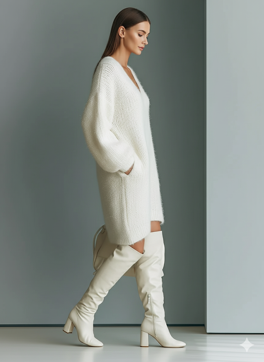 Fuzzy knit sweater dress in white for women
