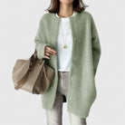 Fuzzy longline cardigan in khaki, black, caramel brown, gray and green for women
