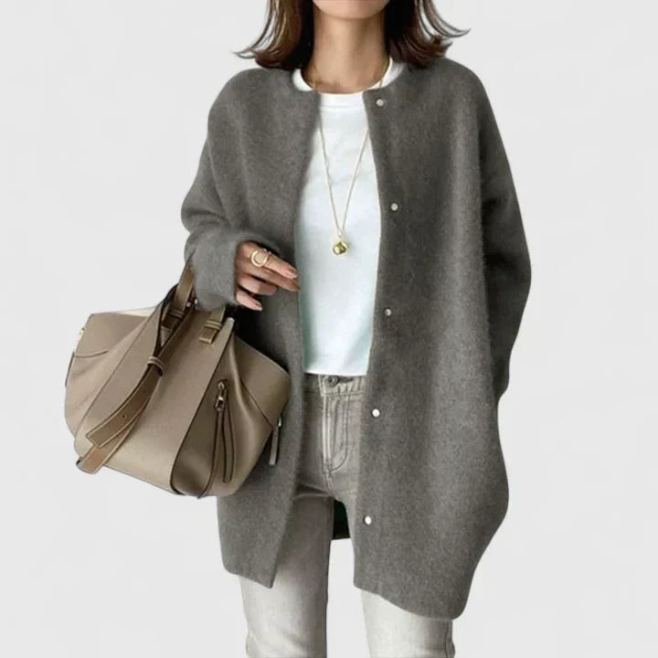 Fuzzy longline cardigan in khaki, black, caramel brown, gray and green for women