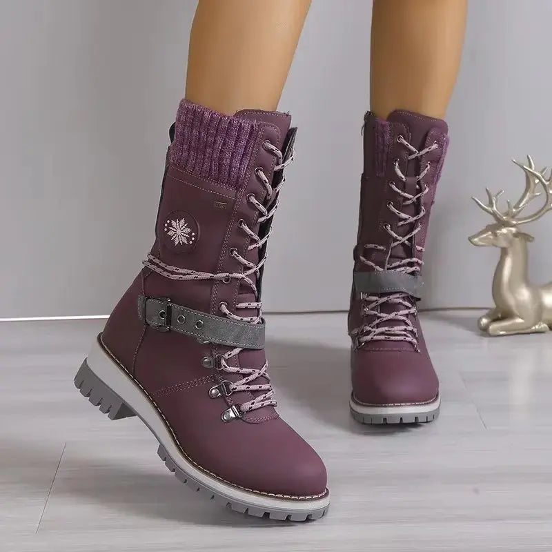 Knit panel lace-up mid-calf winter boots for women