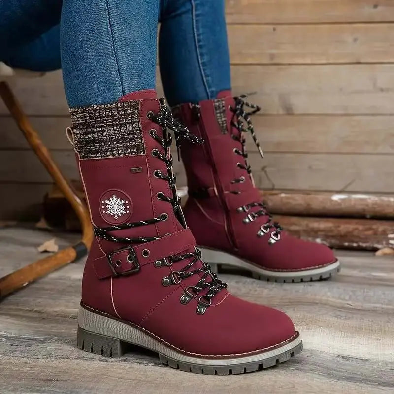 Knit panel lace-up mid-calf winter boots for women