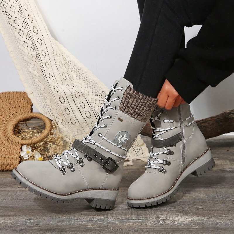 Knit panel lace-up mid-calf winter boots for women