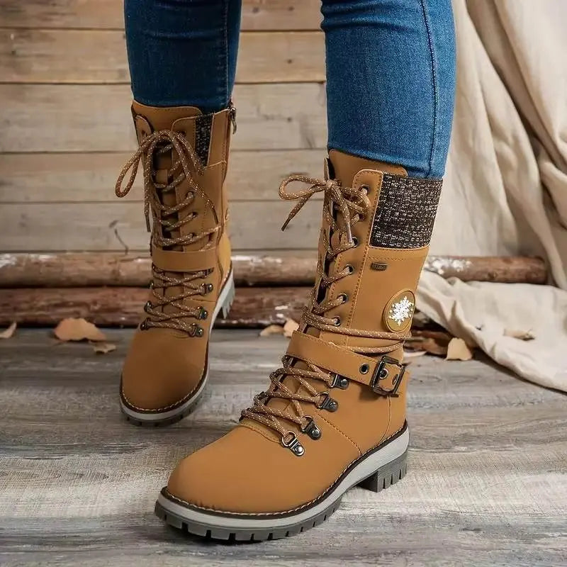 Knit panel lace-up mid-calf winter boots for women