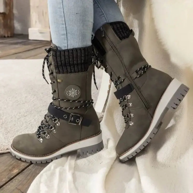 Knit panel lace-up mid-calf winter boots for women