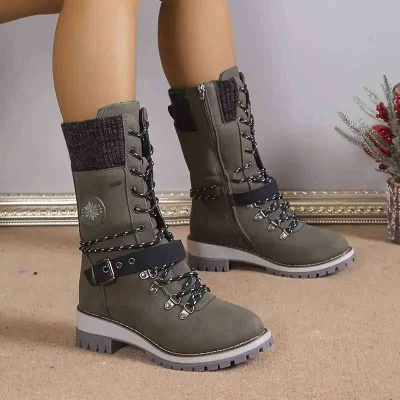 Knit panel lace-up mid-calf winter boots for women