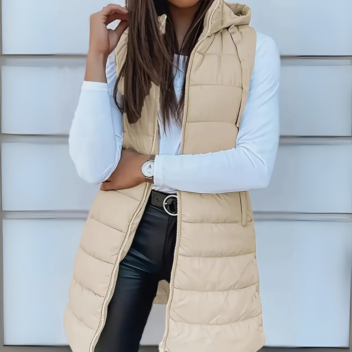 Hooded long puffer vest for women
