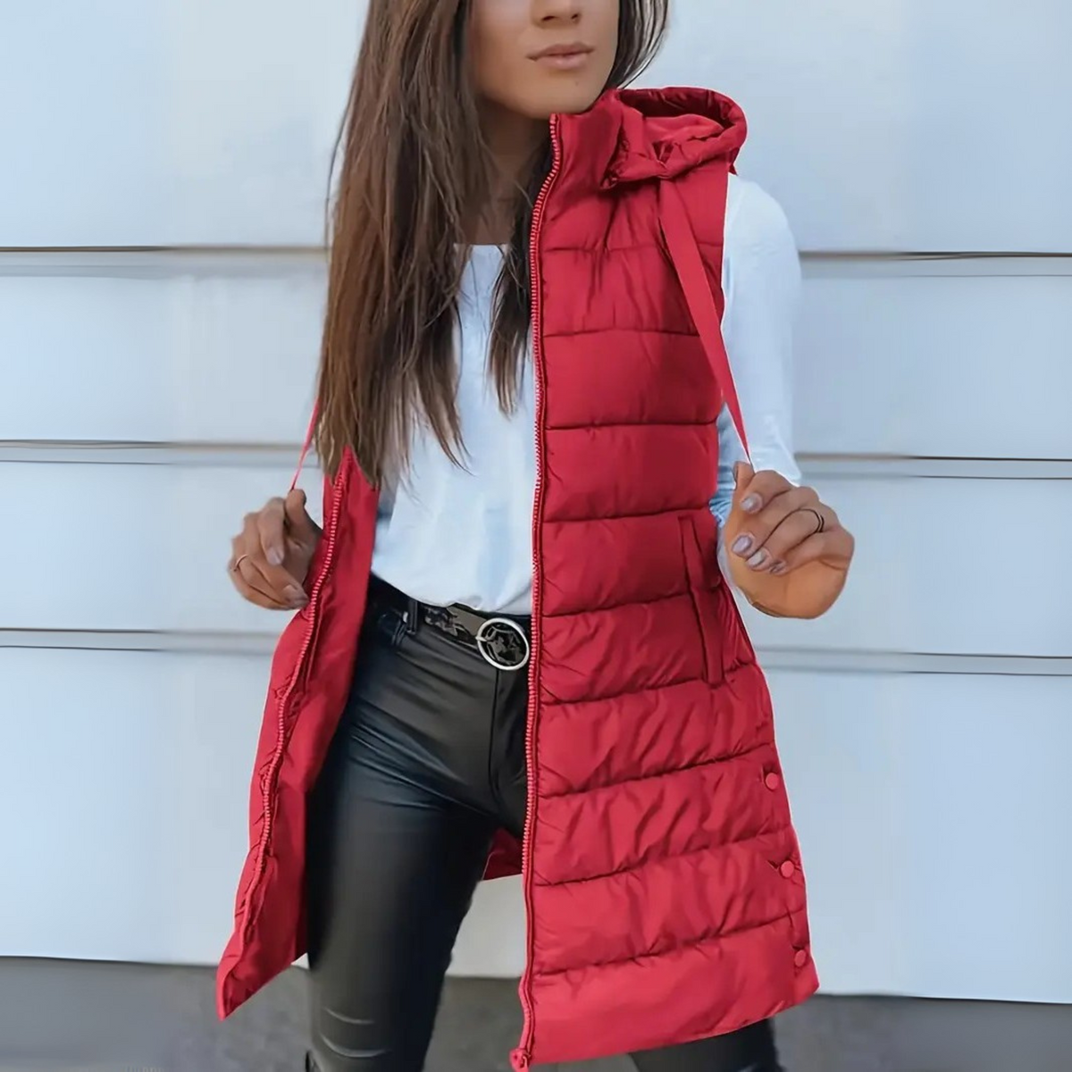 Hooded long puffer vest for women