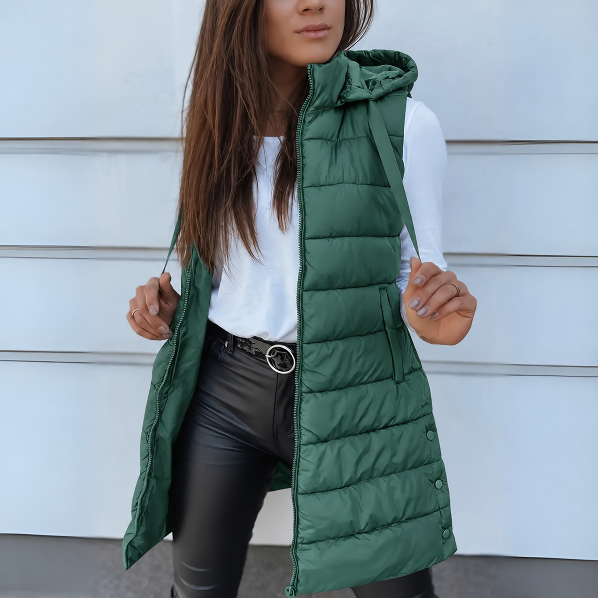 Hooded long puffer vest for women