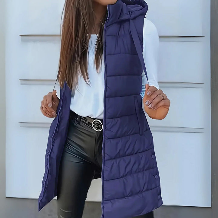 Hooded long puffer vest for women