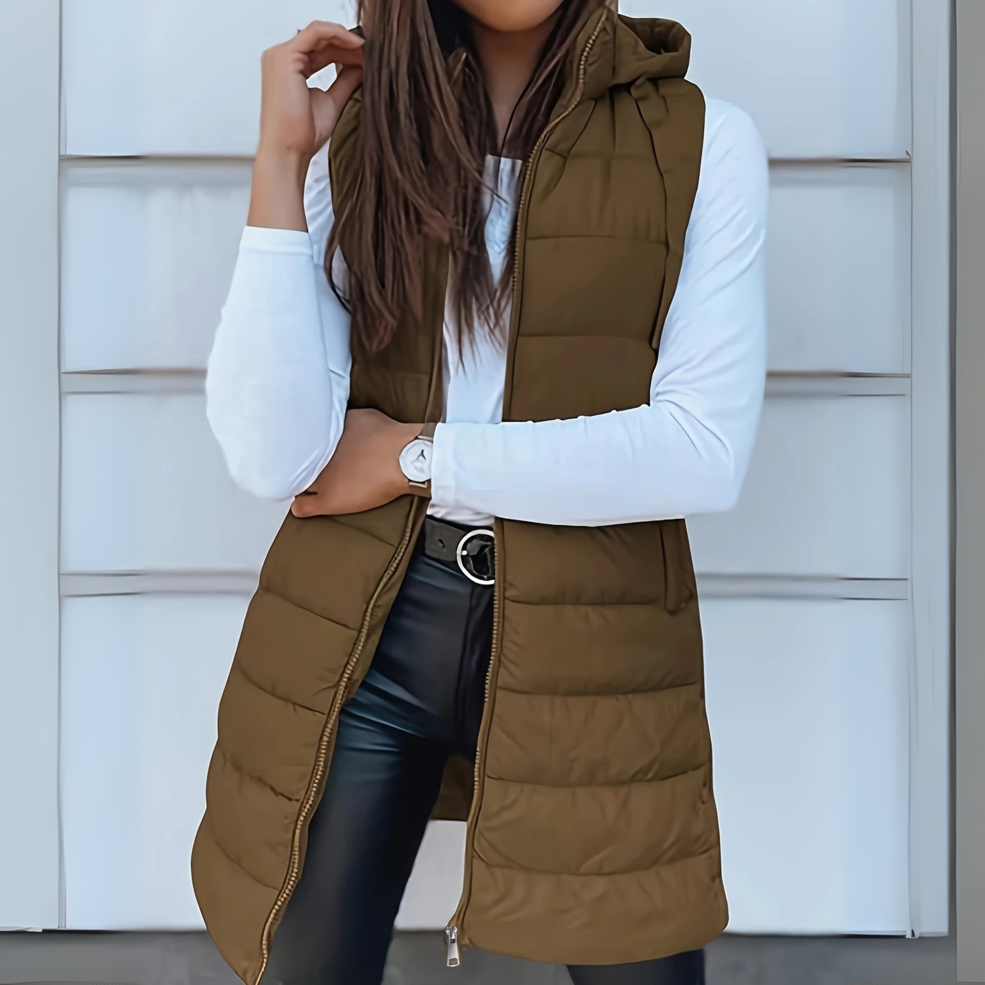 Hooded long puffer vest for women