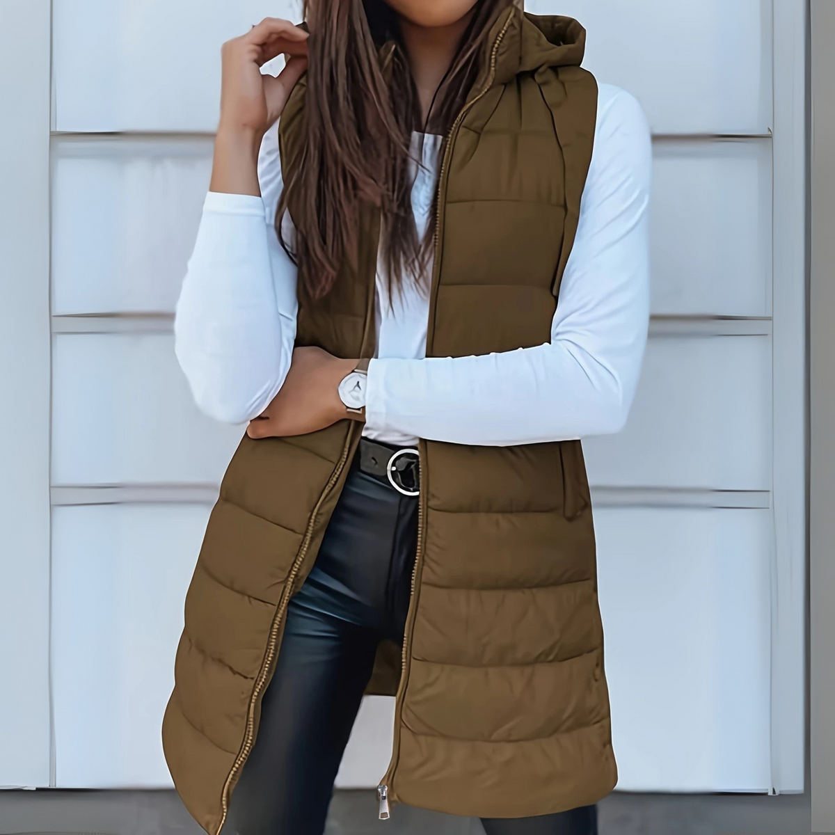 Hooded long puffer vest for women