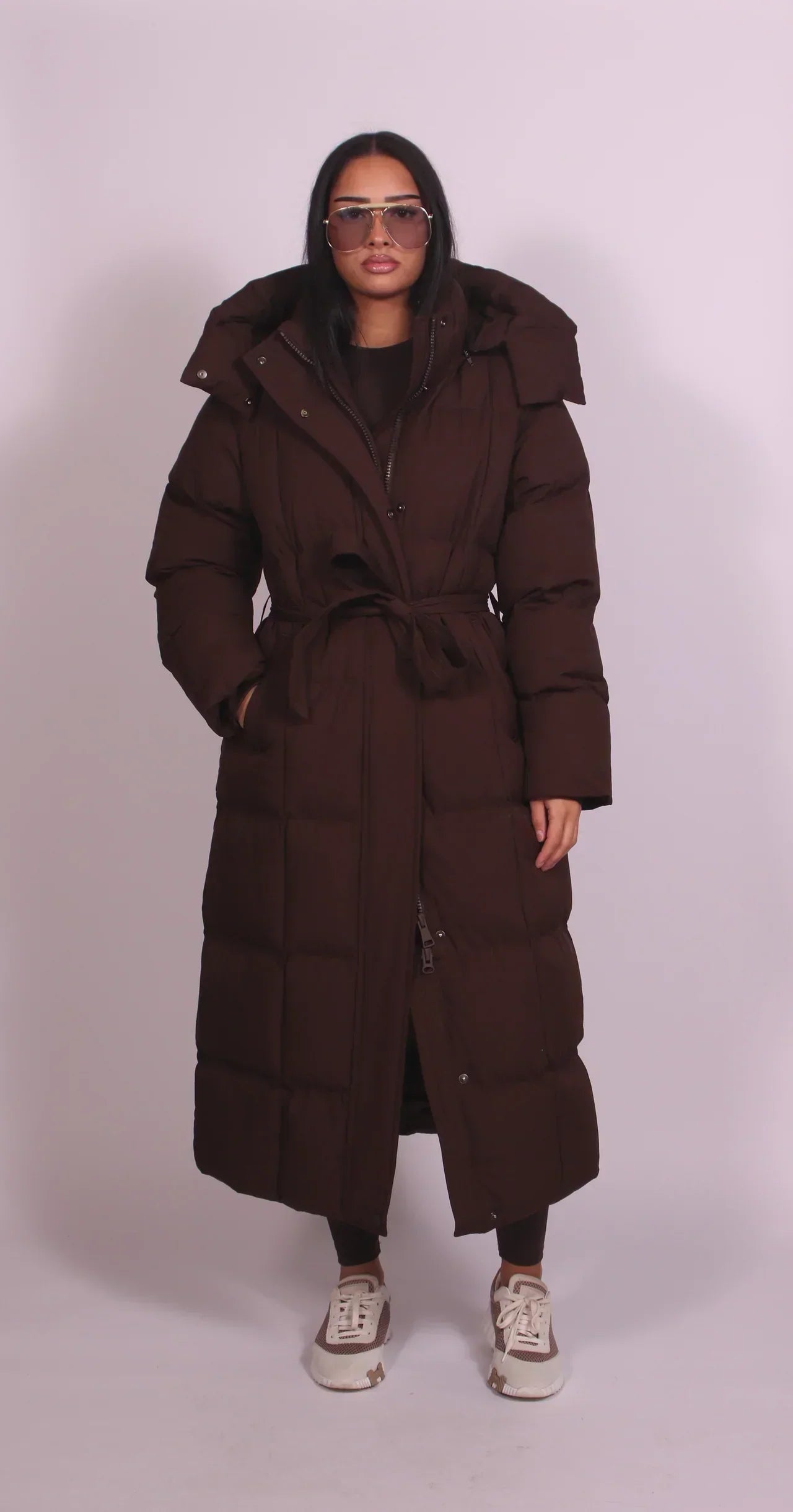 Long belted puffer coat for women in brown or black