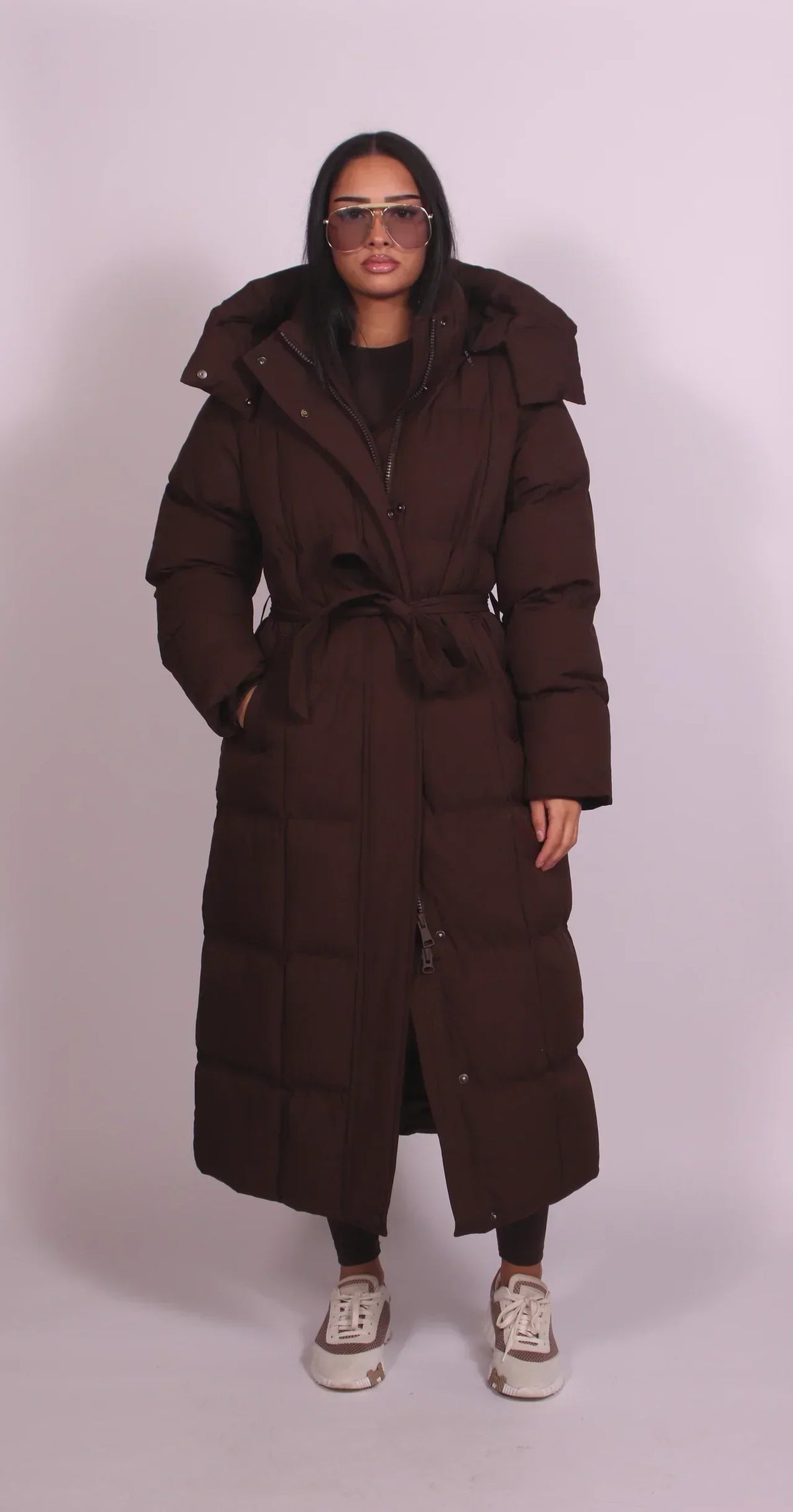 Long belted puffer coat for women in brown or black