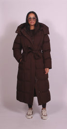 Long belted puffer coat for women in brown or black