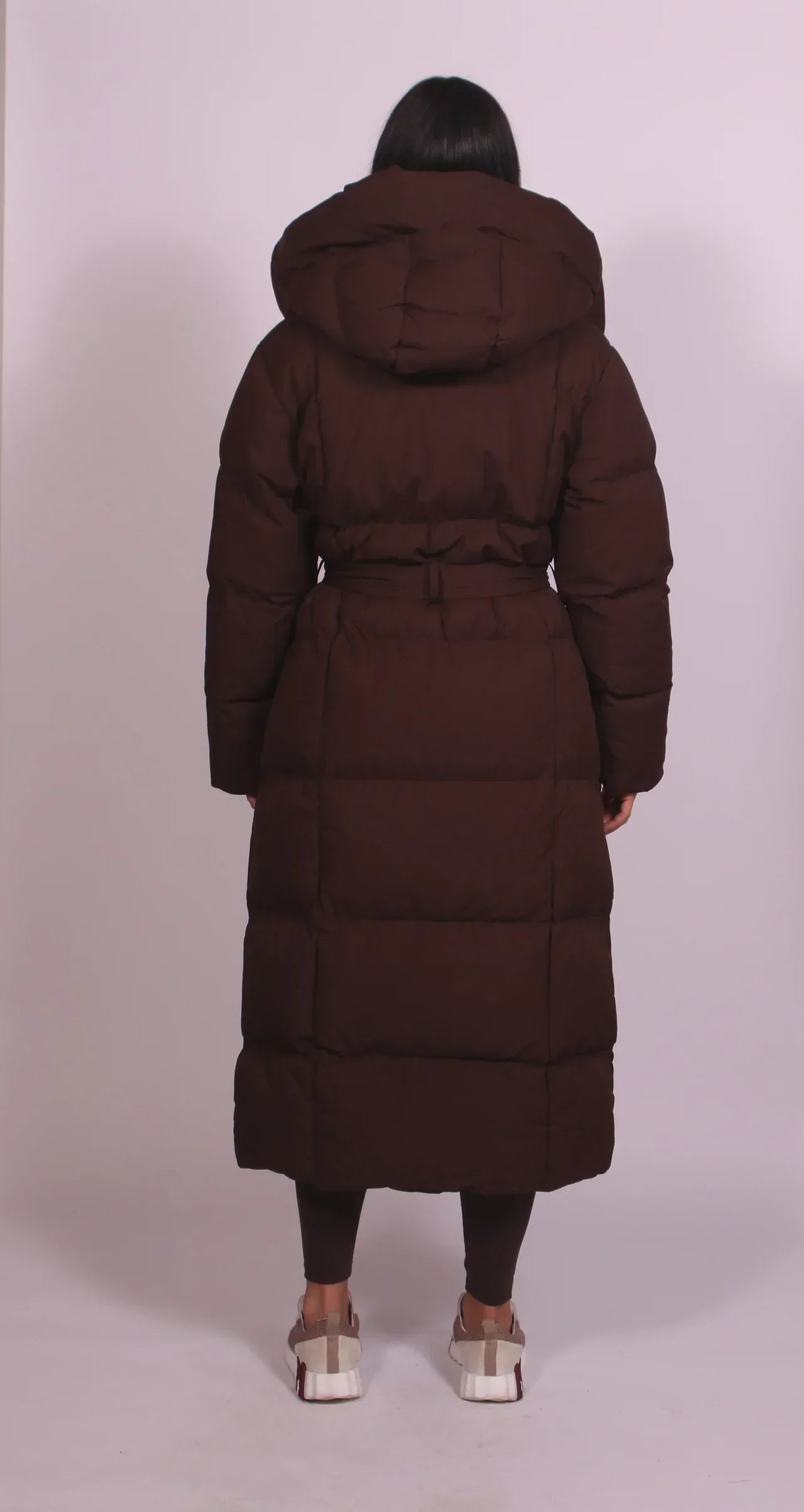 Long belted puffer coat for women in brown or black