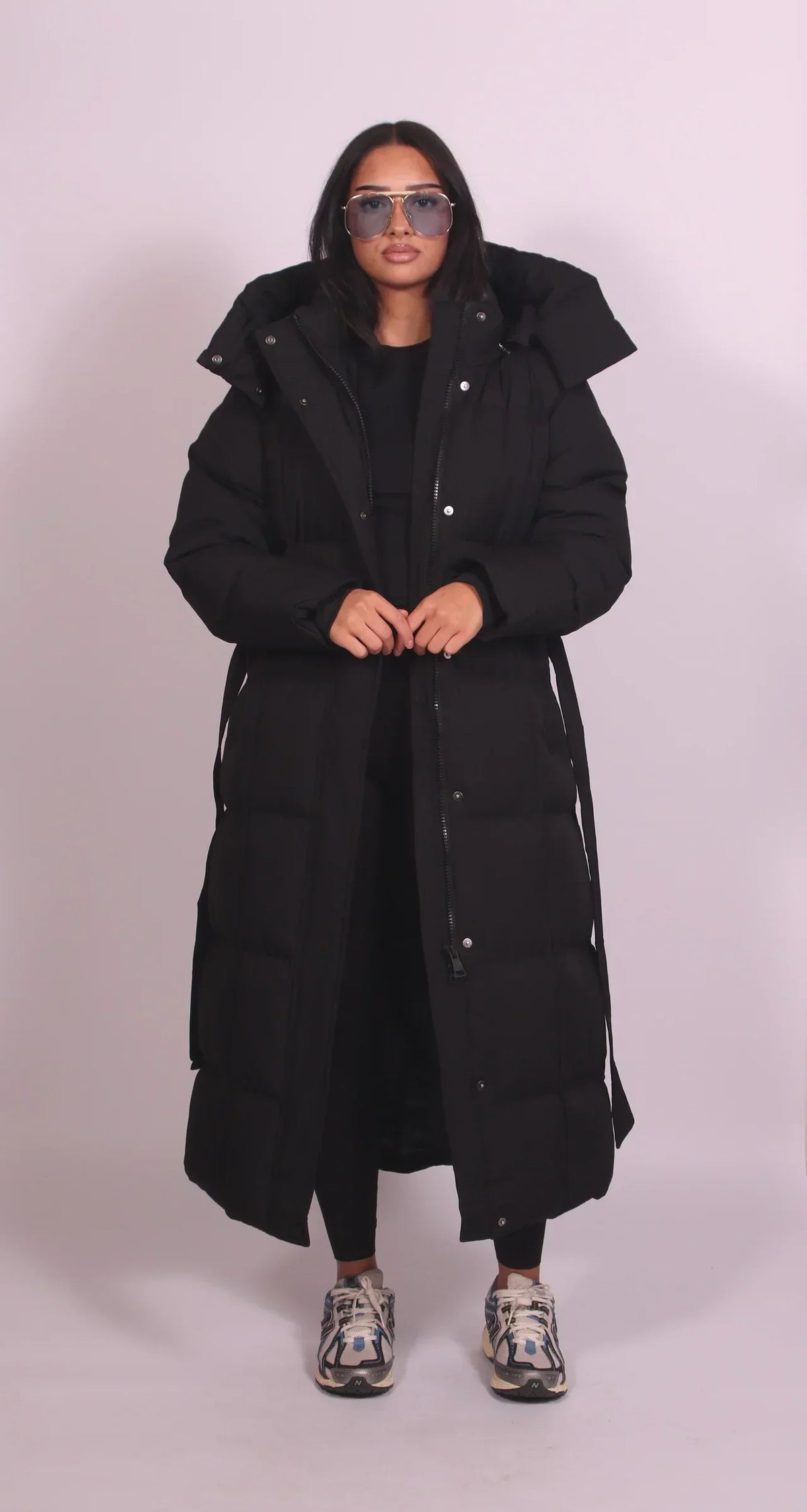 Long belted puffer coat for women in brown or black