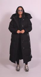 Long belted puffer coat for women in brown or black