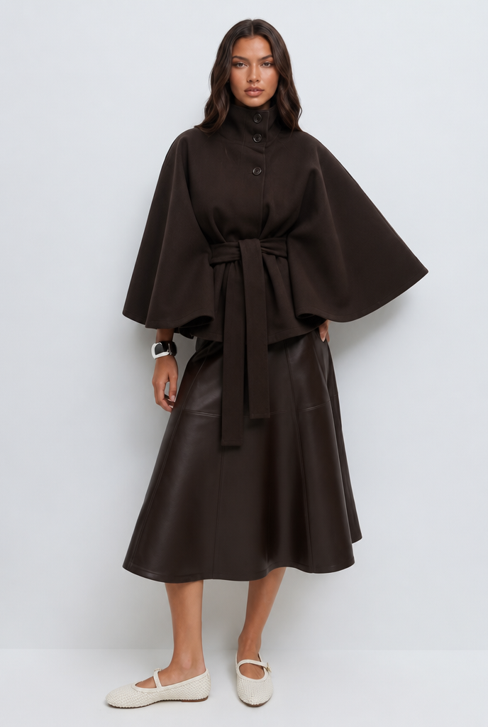 Stand collar cape style belted coat for women