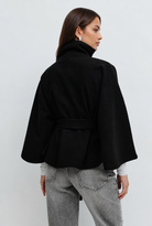 Stand collar cape style belted coat for women
