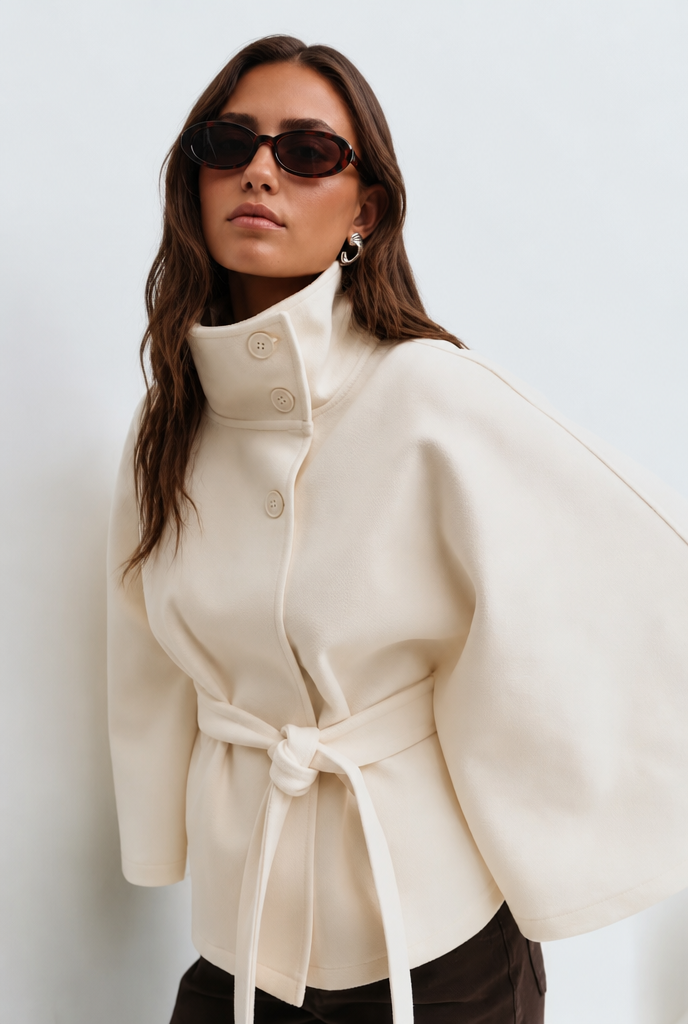 Stand collar cape style belted coat for women