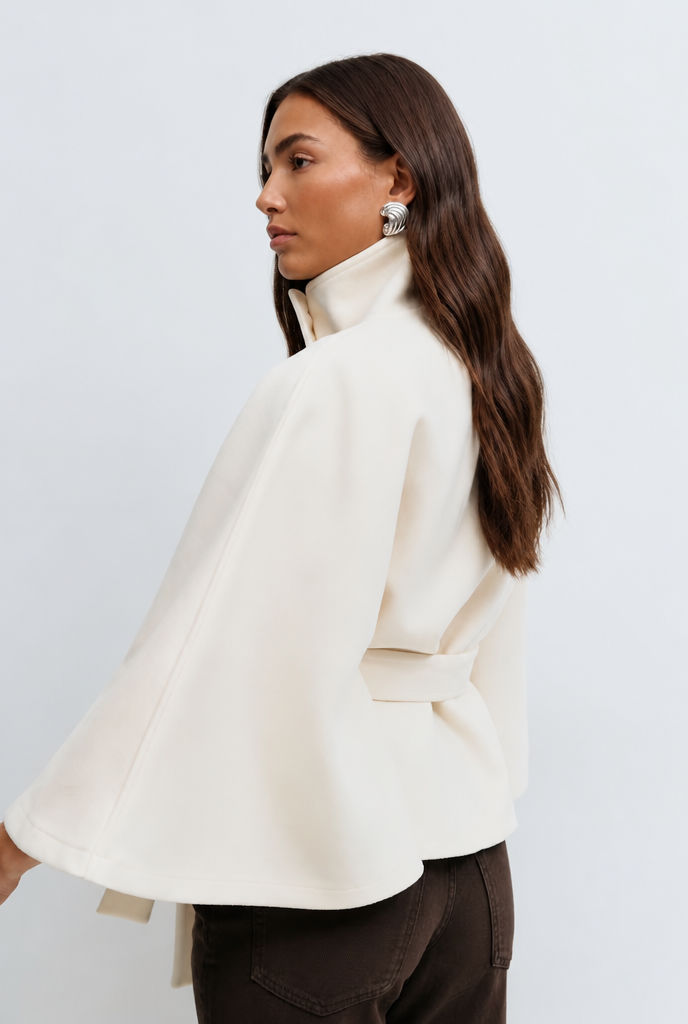 Stand collar cape style belted coat for women