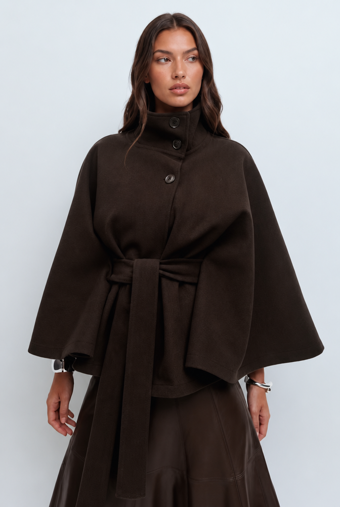 Stand collar cape style belted coat for women
