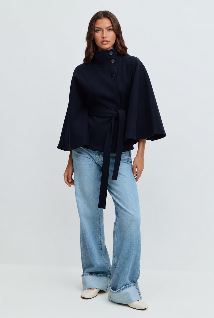 Stand collar cape style belted coat for women