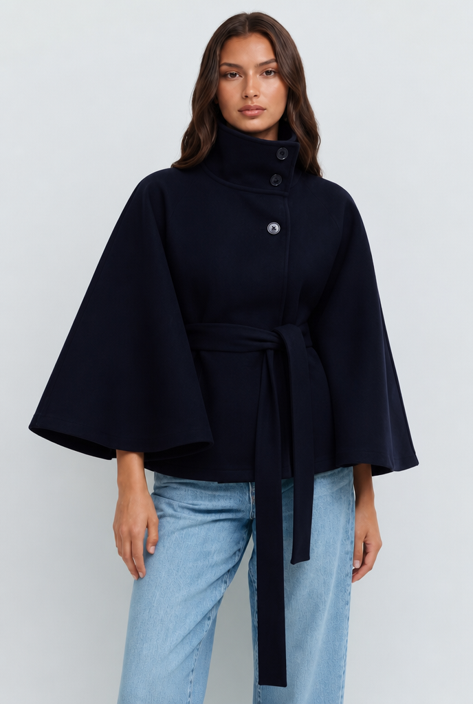 Stand collar cape style belted coat for women
