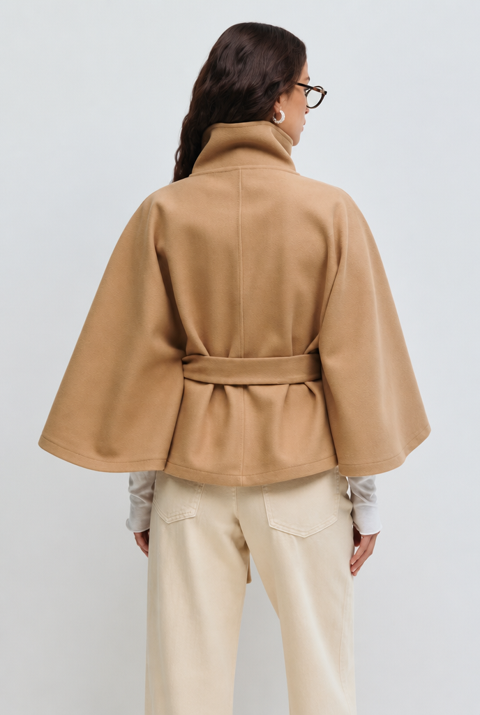 Stand collar cape style belted coat for women