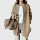 Fuzzy longline cardigan in khaki, black, caramel brown, gray and green for women